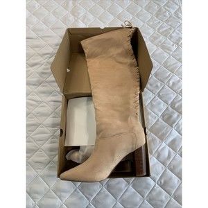 LAICIGO Women's Pointed Toe Tall Boots Knee High Lace Up Chunky Stacked Heel 10